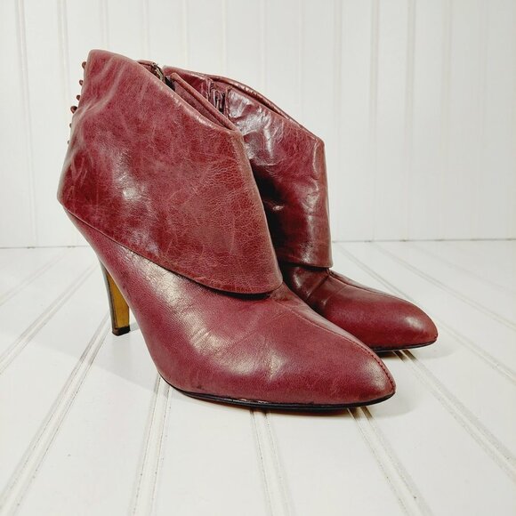 Nine West Burgundy Brown Leather Side Zip Fold Over Lace Back Heel Boots I140 - Picture 4 of 11